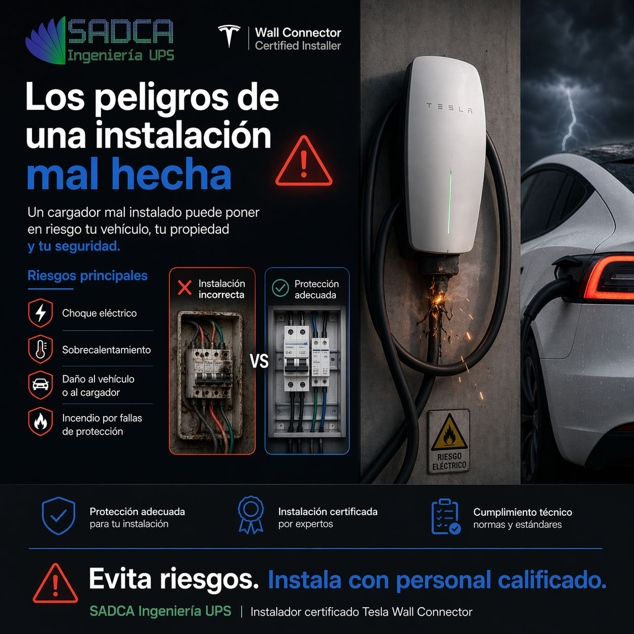 Peligros de instalación eléctrica mal hecha en cargador Tesla