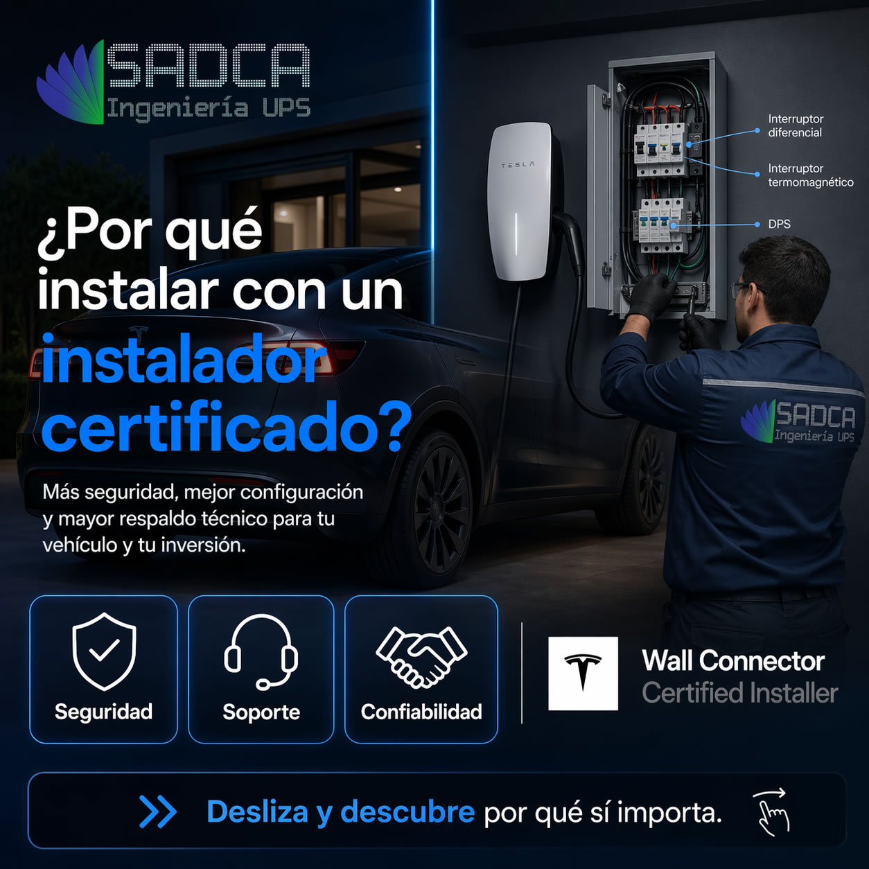 Instalador certificado SADCA trabajando en tablero eléctrico
